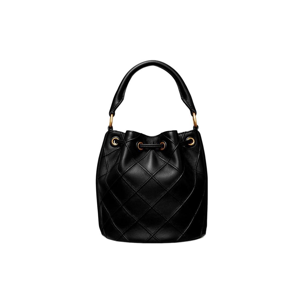 Tory Burch Fleming Logo Messingakzente Plissiert Gestepptes Leder Beuteltasche Damen Handtaschen Schwarz 142565-001