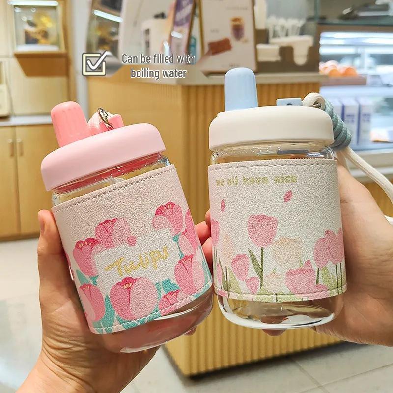 Influencer Portable Insulated Glass Water Cup with Leather Sleeve – Stylish Gift for Female Students