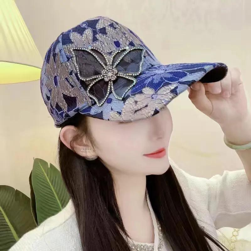 WTEMP Summer Female Butterfly Lace Rhinestone Breathable Sunscreen Baseball Cap Mesh Solid Color Fashion Versatile Caps