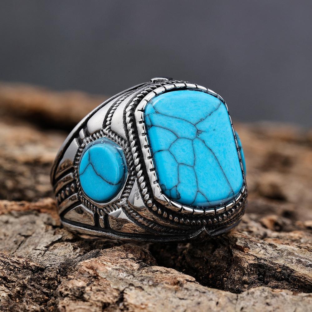 Nordic Style Titanium Steel Ring with Blue Turquoise Stone Vintage Three Sided Design for Men