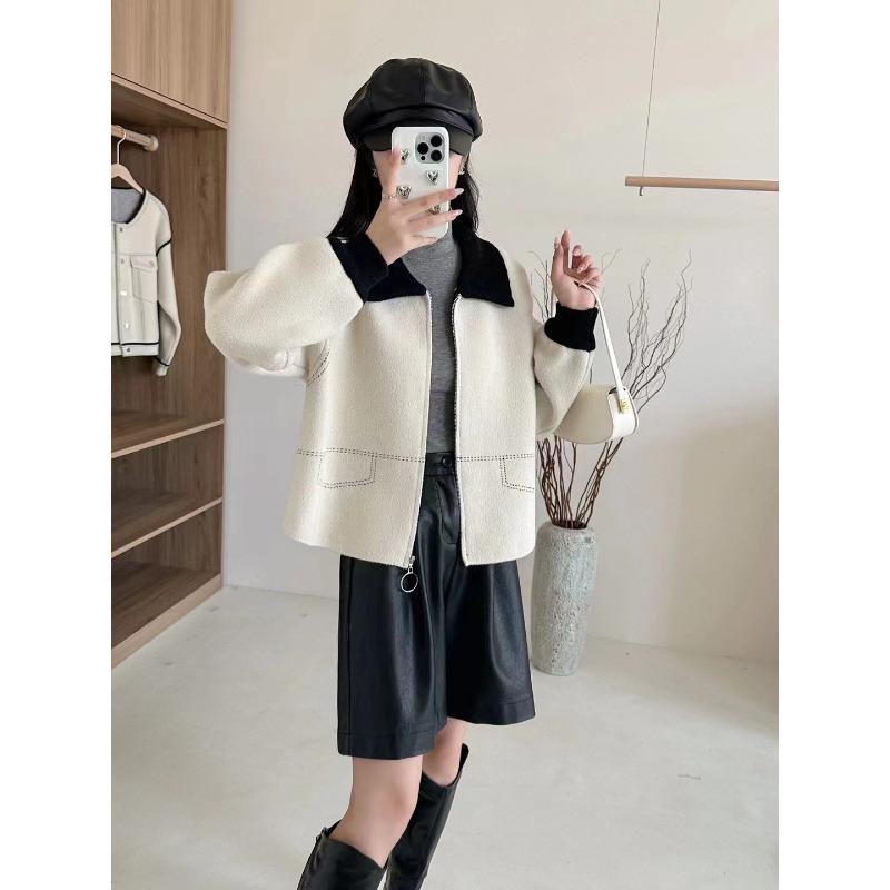 

Double-sided woolen lapel color matching jacket autumn and winter new temperament short versatile age-reducing cardigan women s top one size fits all белый