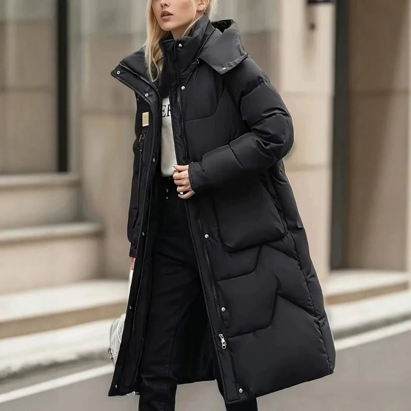 Womens Hooded Cotton-Padded Coat Mid-Length Warm Outerwear Fall Winter 2026 Casual Korean Style