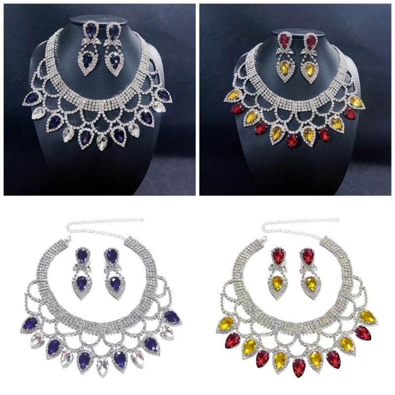 Exquisite Handmade Rhinestones Necklace and Earring Set Colorful Crystals Jewelry Set Suitable for Weddings and Parties