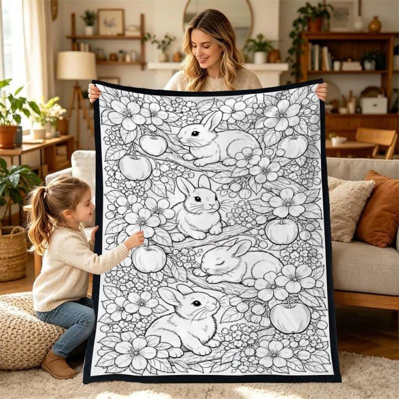 Kids Coloring Blanket Family DIY Painting Activity Gift Animal Themed Soft Throw