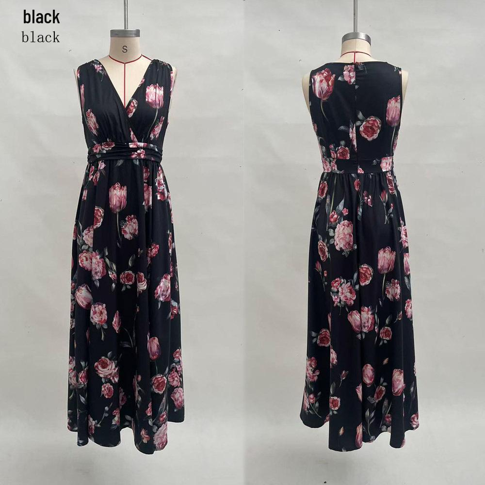 European Blue Tulip Print Sleeveless V-Neck Chiffon Long Gown - Elegant and Flowy Formal Dress for 2026 Banquets