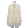 Summer Women Solid Color Pleated Dress Elegant Ruffles V-neck Long Sleeve Mini Dress Fashion Female Fold Casual Beach Party Dress