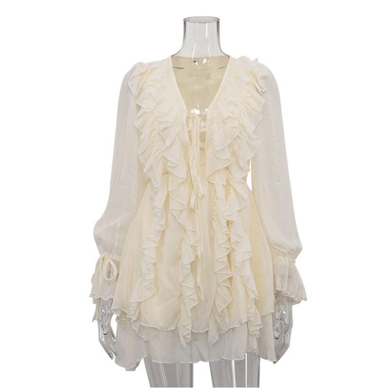 Summer Women Solid Color Pleated Dress Elegant Ruffles V-neck Long Sleeve Mini Dress Fashion Female Fold Casual Beach Party Dress