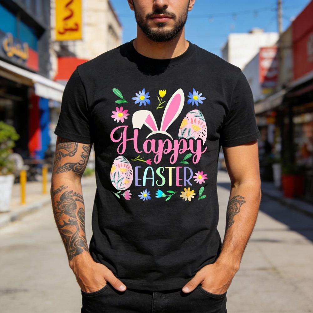 Happy Easter Bunny Eggs Flowers Spring Festival Men T Shirt Cotton Short Sleeve Summer Top Gift for Men Casual Fashion Tees