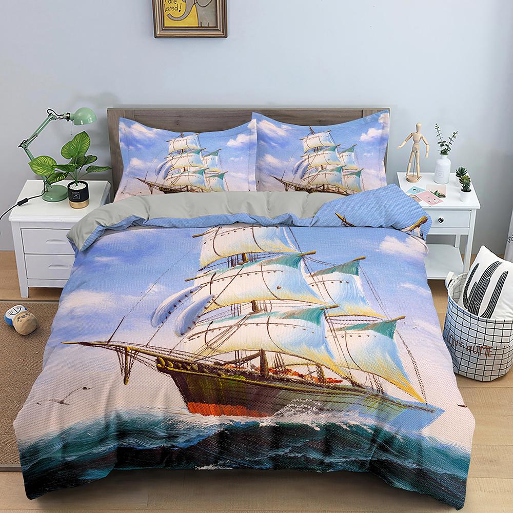Nautisk Segelbåt Påslakan Queen King Size 3D Oljemålning Båtstil Sängkläder Set Ocean Mjuk 2/3 Delar Polyester Täcke Överdrag