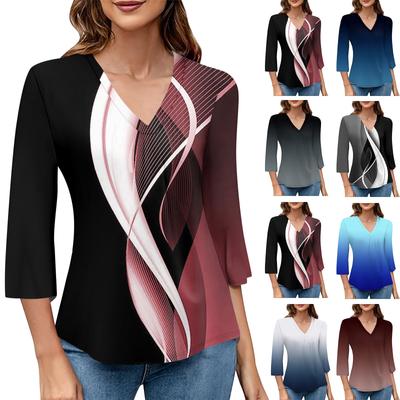 Women's V-neck Gradient Print Three-quarter Sleeve Fashion Top