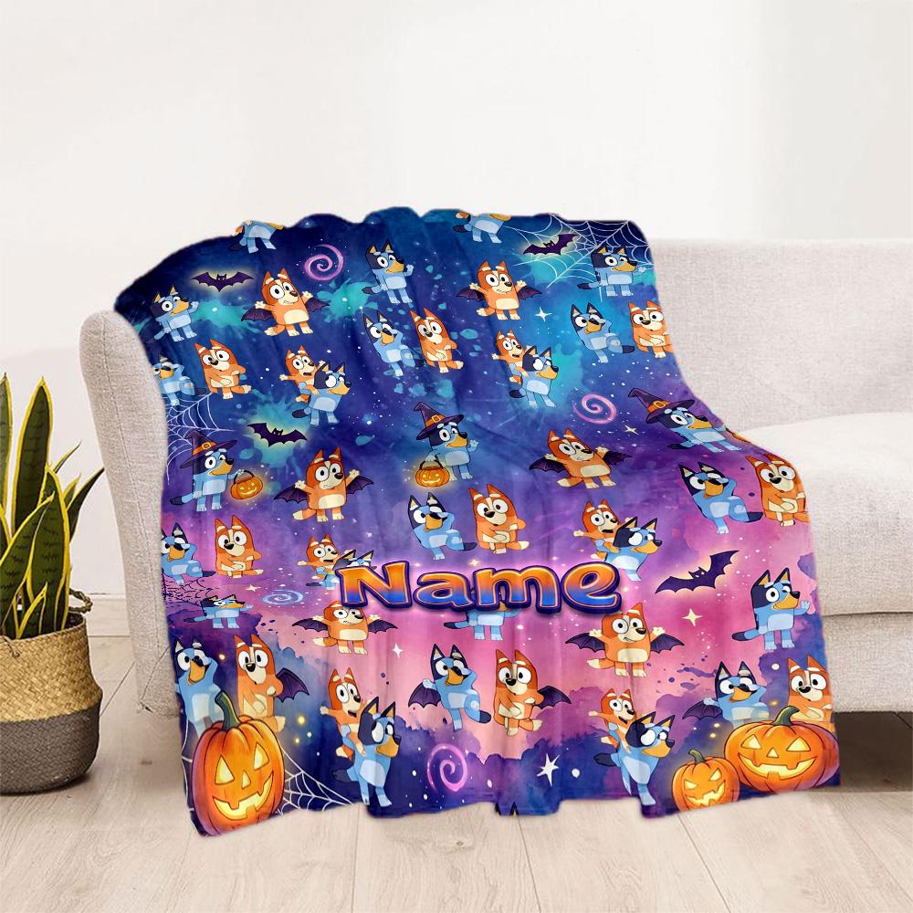 Bluey Halloween Night Personalized Name Blanket Lightweight Customizable Blanket Soft Warm Cozy Suitable for Livingroom Couch Chair Sofa