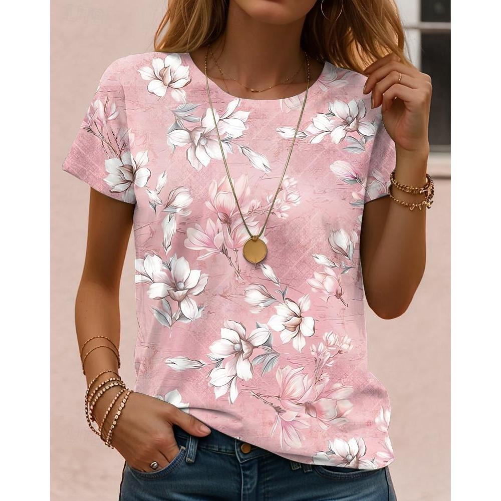 2025 Women's T Shirt Floral Graphic Fashion Stylish Classic Short Sleeved Crew Neck