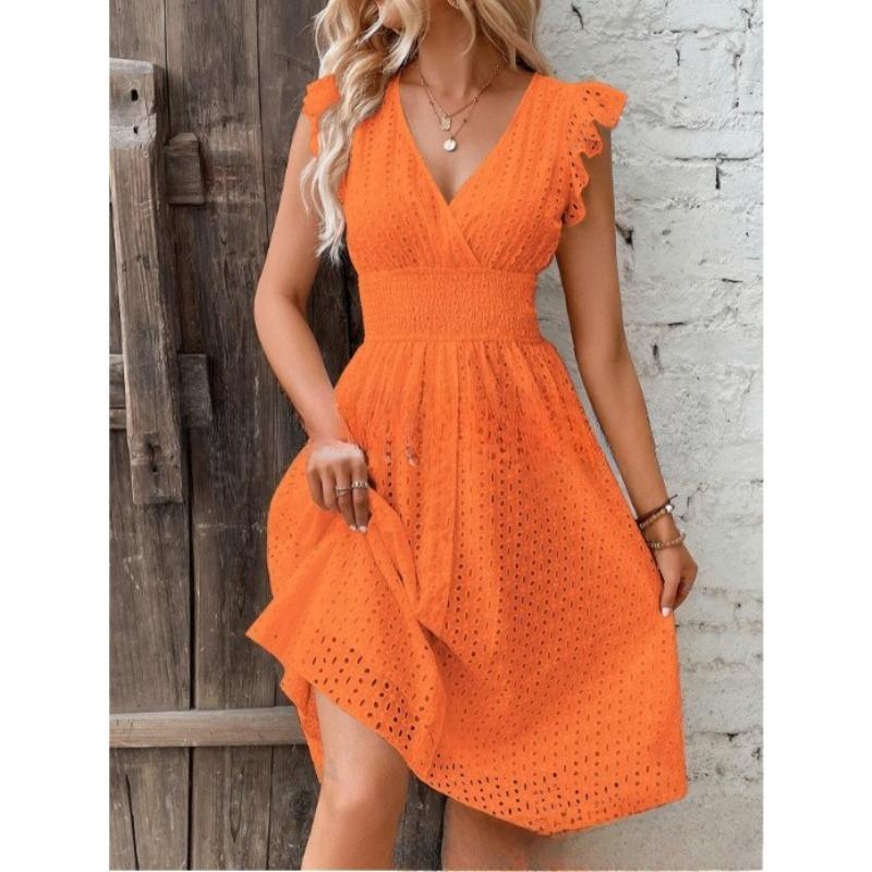 VEZFAA Kadın Moda Yaz Bahar Düz Renk Baskı Kolsuz V Yaka Yüksek Bel Günlük Elbiseler