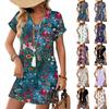 Kurzarm Damenkleid Lässige Kleider Mit Taschen V-Ausschnitt Urlaubs Boho Strand Sommerkleid