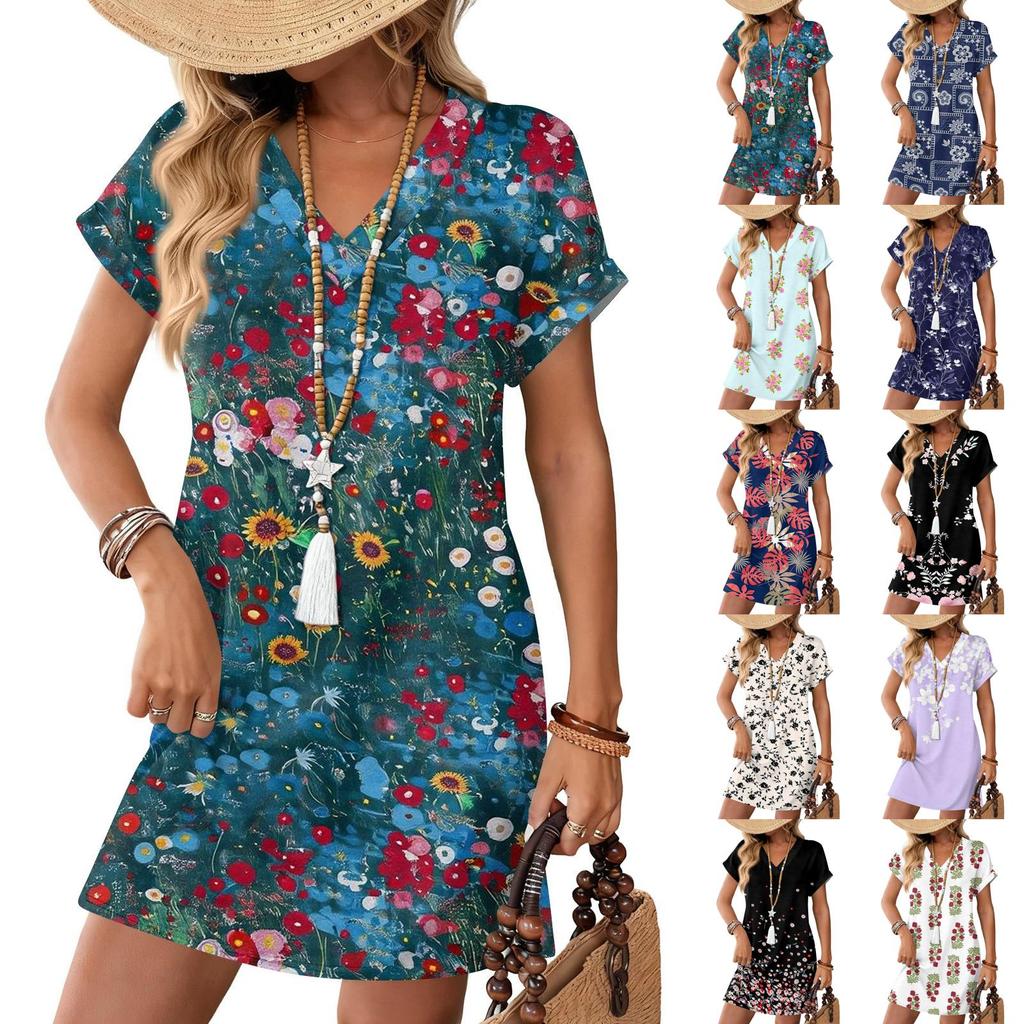 Short Sleeve Women's Dress Casual Dresses With Pockets V Neck Vocation Boho Beach Sundress