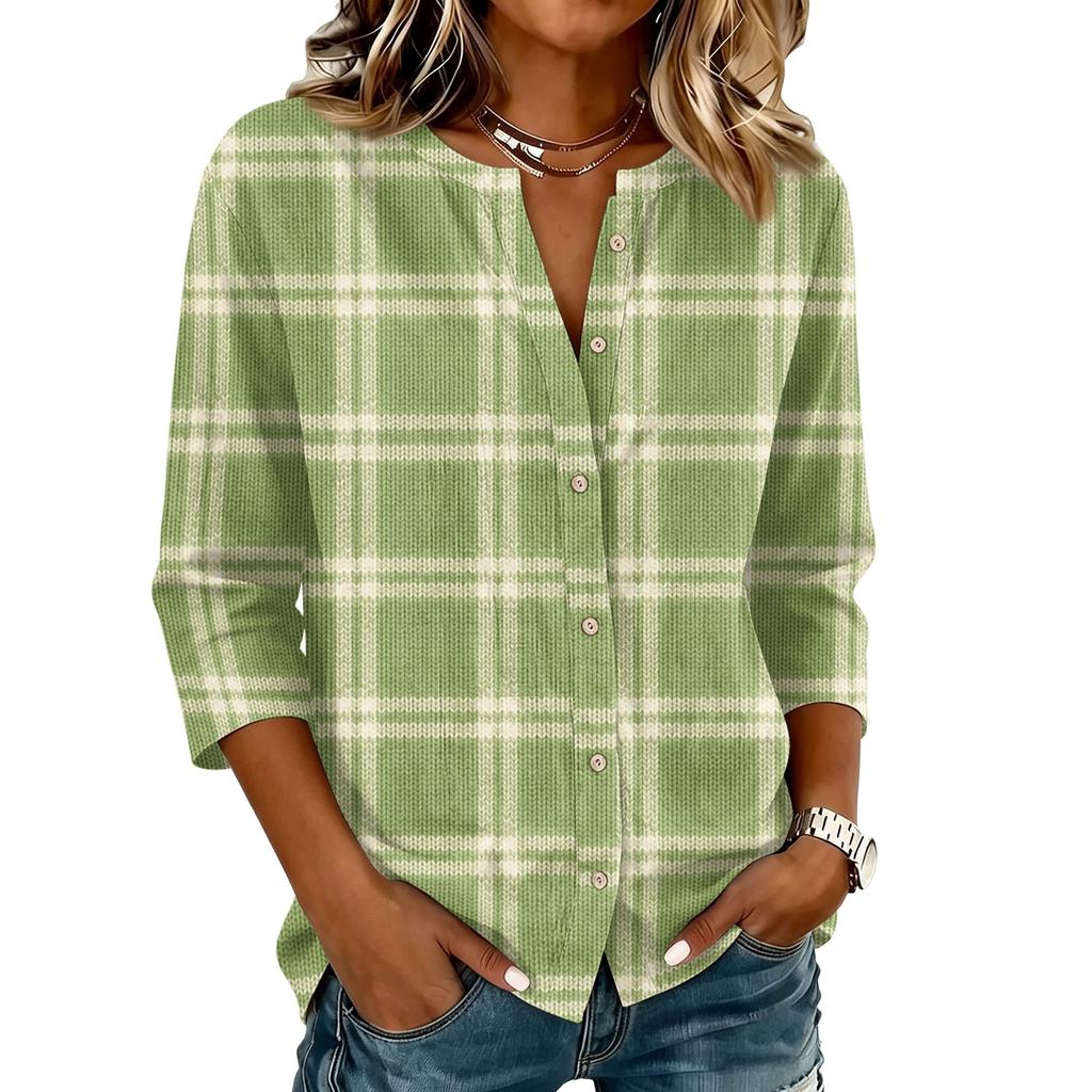 Women's Cotton Linen Shirt with Printed Pattern, Three-Quarter Sleeve Casual Blouse for Everyday Wear