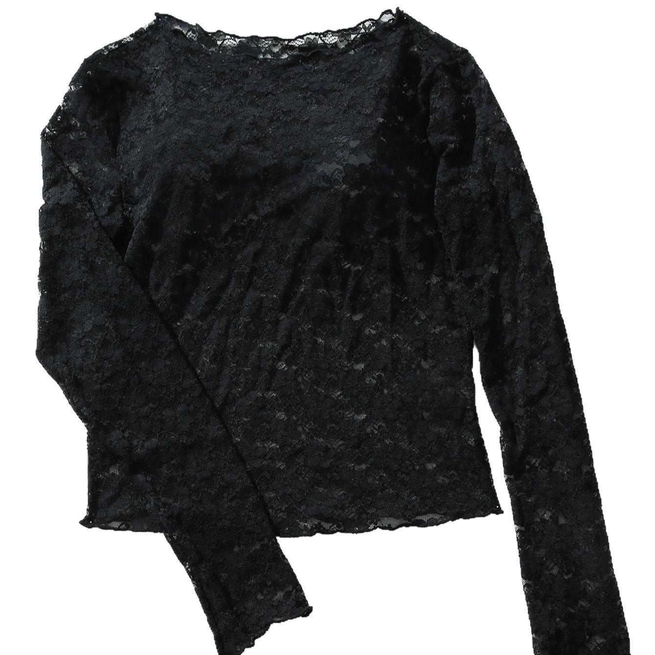 

European Style Lace Base Layer Slim Fit Long Sleeve Crochet Hollow Out Women s Top L (70-80 kg) чёрный