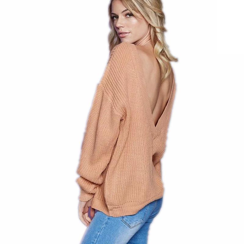 Casual Solid Knit Sweater Ladies V Neck Crew Neck Warm Daily Long Sleeve Blouse