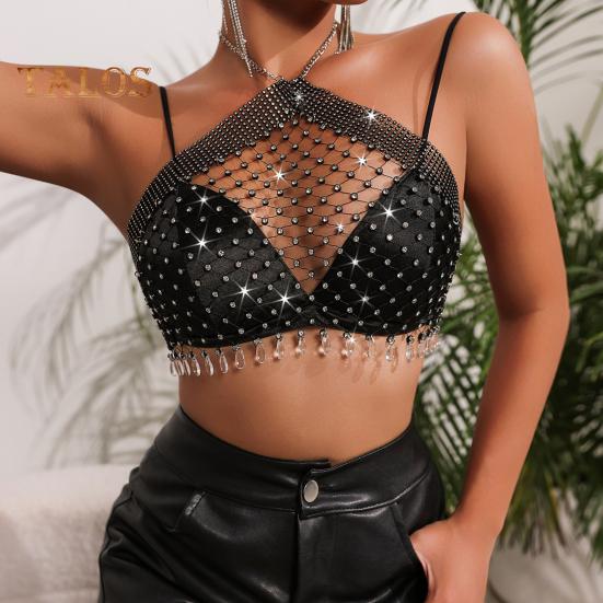 Tops sexys con cuello halter, sin mangas, sin espalda, tops cortos, de rejilla hueca, con incrustaciones de diamantes de imitación brillantes, perspectiva, top con tirantes en el cuello