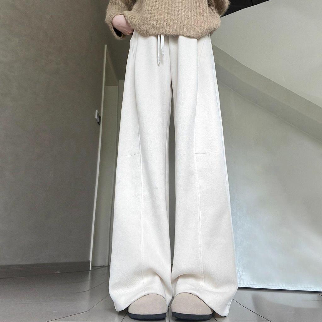 Women's Pink Velvet Wide-Leg High-Waisted Pants - Autumn/Winter Casual Slimming Sweatpants