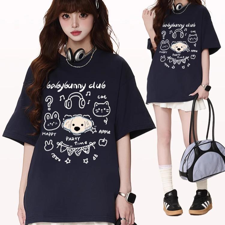 harajuku Round Neck oversize Casual Y2K Tops young girl t shirts 2025 summer pure cotton Women funny cartoon Print T-Shirt streetwear