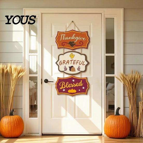 Retro Warm Brown Sign Wooden Door Sign, Farmhouse Autumn Hanging Decor with Turkey Acorns, And Acorn 3-Section Waterproof Porch Wall Prestrung