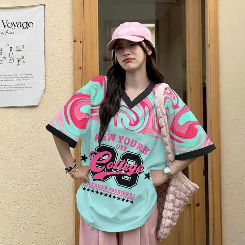 Korean women's T-shirt V-neck short sleeved top with digital pattern printed women's Jersey T-shirt