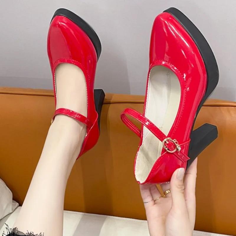 Fashion Ankle Strap Thick Heels Pumps for Women 2024 Pu Leather Office High Heeled Shoes Woman's Elegant Platform Mary Jane Shoes Casual
