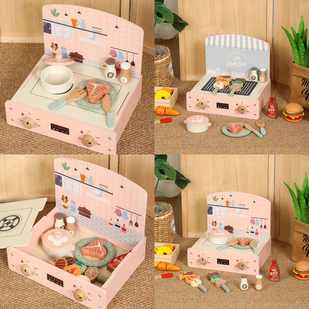 Wooden Simulation Kitchen Barbecue And Cooking Utensils Children Toy Set For Kids Play And Learning