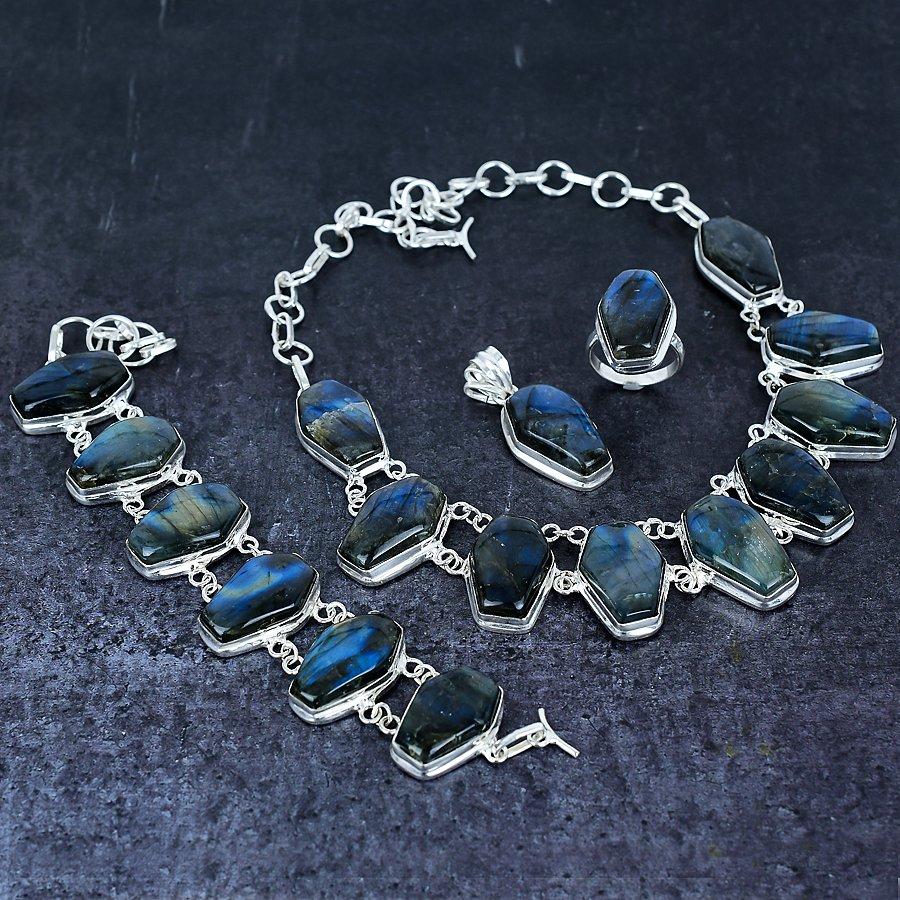 Natural Labradorite Gemstone Handmade 925 Sterling Silver Jewelry Set Z8v01