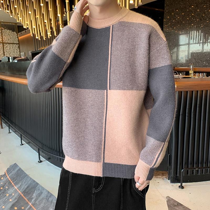Autumn and winter micro-expansion plaid contrasting colors versatile casual fashion crew neck sweater men's knitted sweater men's top