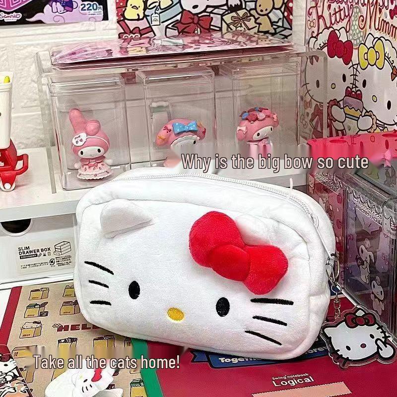 Kitty Cat Plush Pencil Case - Cute Japanese Style Cartoon Makeup & Storage Bag with Large Capacity