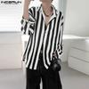 INCERUN Men Long Sleeve Lapel Neck Hollow Out Striped Print Casual Oversized Shirts Tops