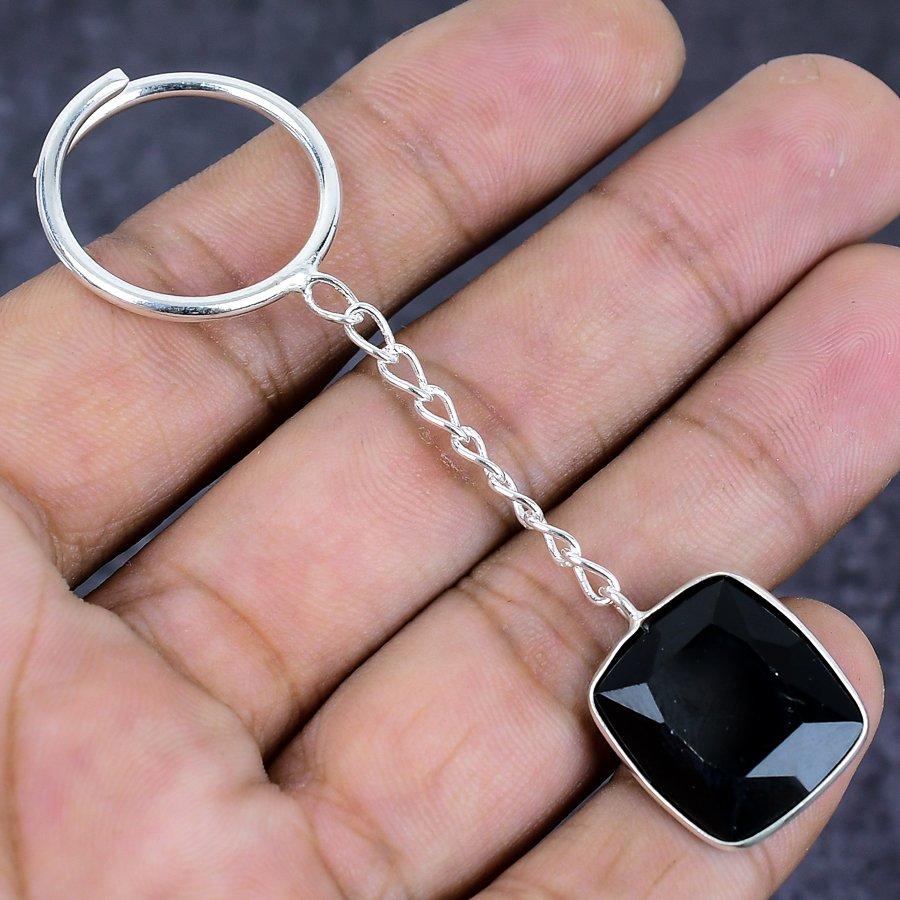 Natural Black Spinel Gemstone 925 Sterling Silver Jewelry Keychain 3.15" ETC-13834