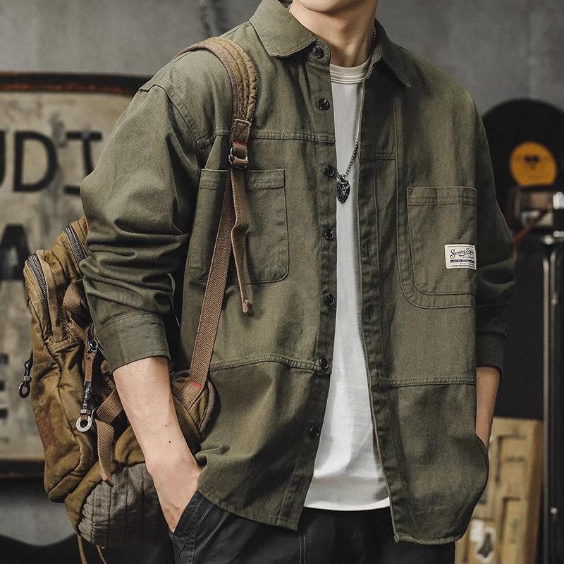 Men's 2025 Spring/Autumn American Workwear-Style Loose Japanese Retro Casual Long-Sleeve Shirt