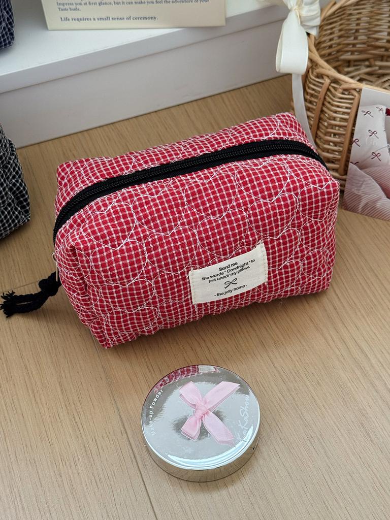 Gesteppte Herz karierte Kosmetiktaschen für Damen Make-up-Etui Große Kapazität Damen Reise-Aufbewahrungstasche Lässige Mädchen Handtasche Clutch-Geldbörse