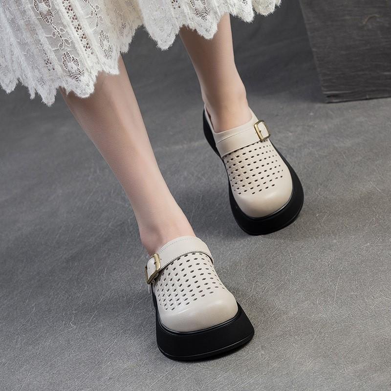 Johnature Sandales pour femmes, semelles épaisses, bout rond, ajourées, respirantes, en cuir véritable