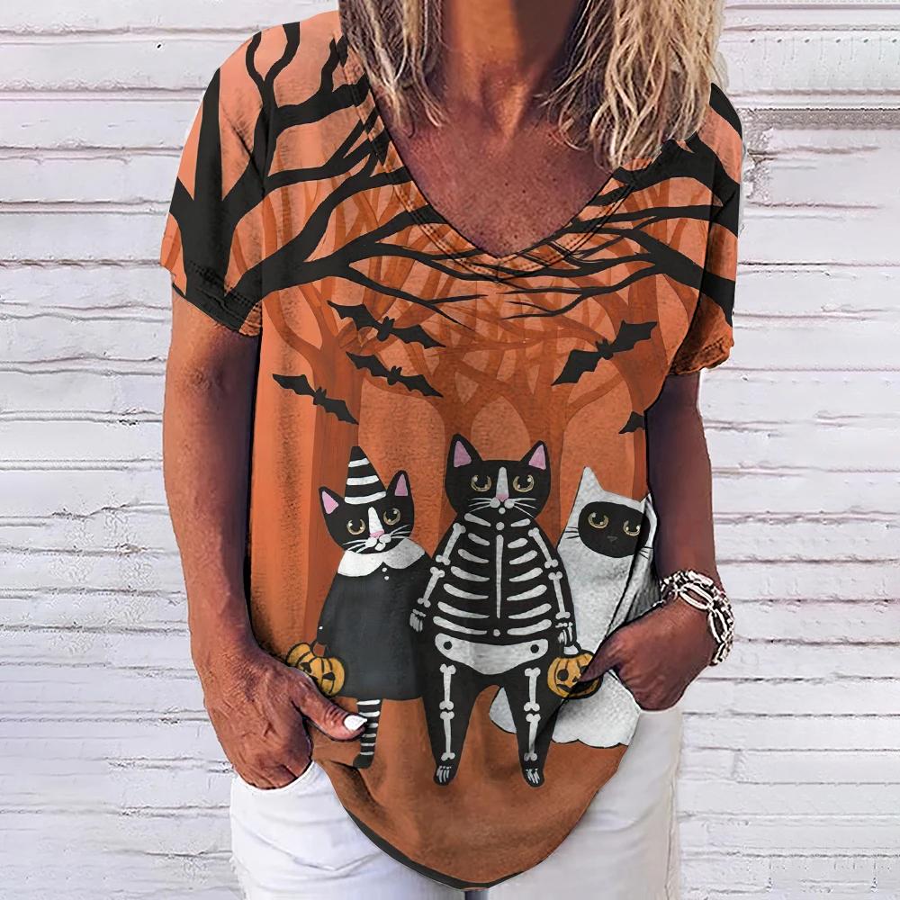 Women's T-shirt 3D Fashionable Cat Print V-neck Short Sleeved Basic Top Street Wear Summer Casual Loose Fitting Women's Clothing