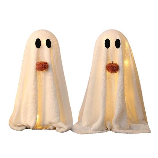 Light-Up Sherpa Ghosts with Pumpkin Cute Ghost Tabletop Decoration for Halloween Indoor Home Kitchen Fireplace Decor
