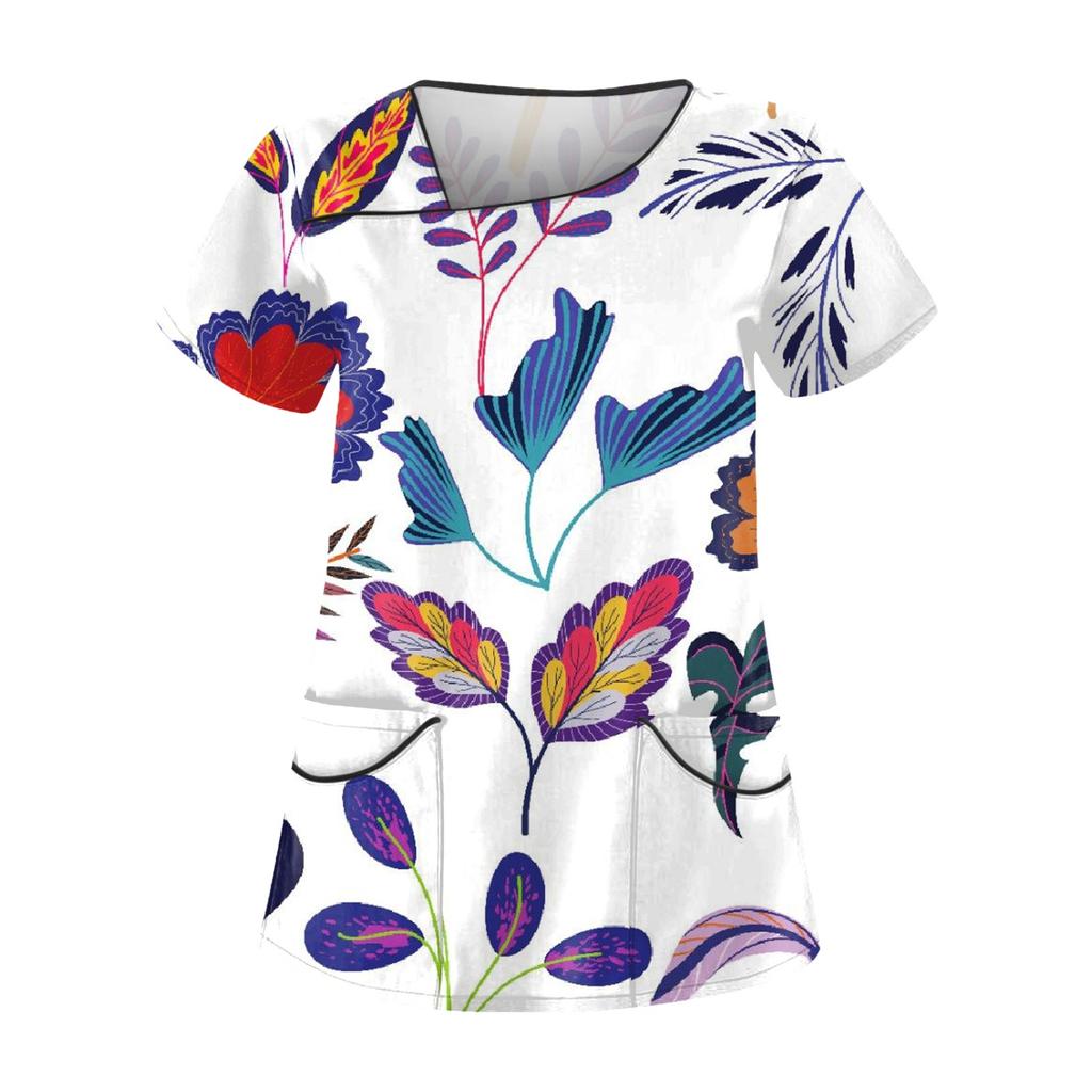 Women's Casual Printed Short Sleeve Workwear With Double Pocket Top