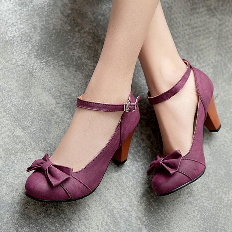 

New Fashion Bow Round Head Shallow Mouth Thick Heel Mid High Heel Women s Shoes