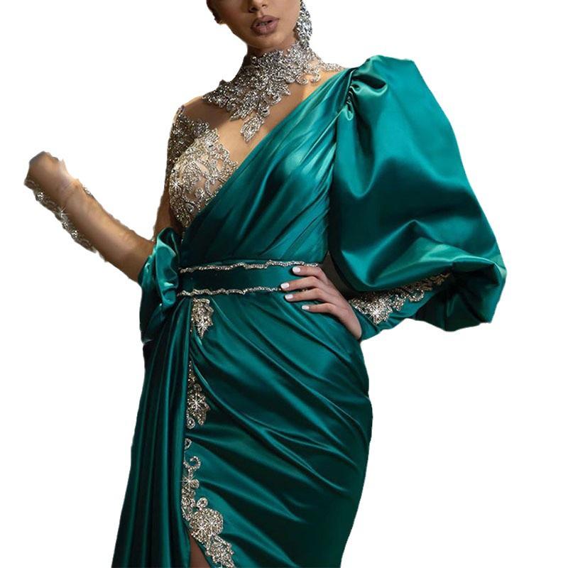 2025 Elegant Gold Fishtail Evening Dress with Small Train for Banquet or Stage Performance