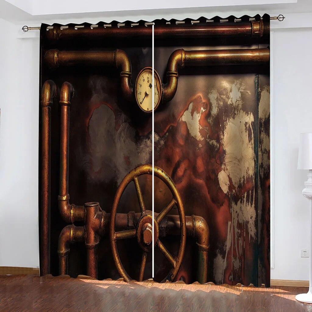 Steampunk Style Antique Composition Brass Fastening Round Print 3D Digital Printing Bedroom Living Room Window Curtains 2 Panels