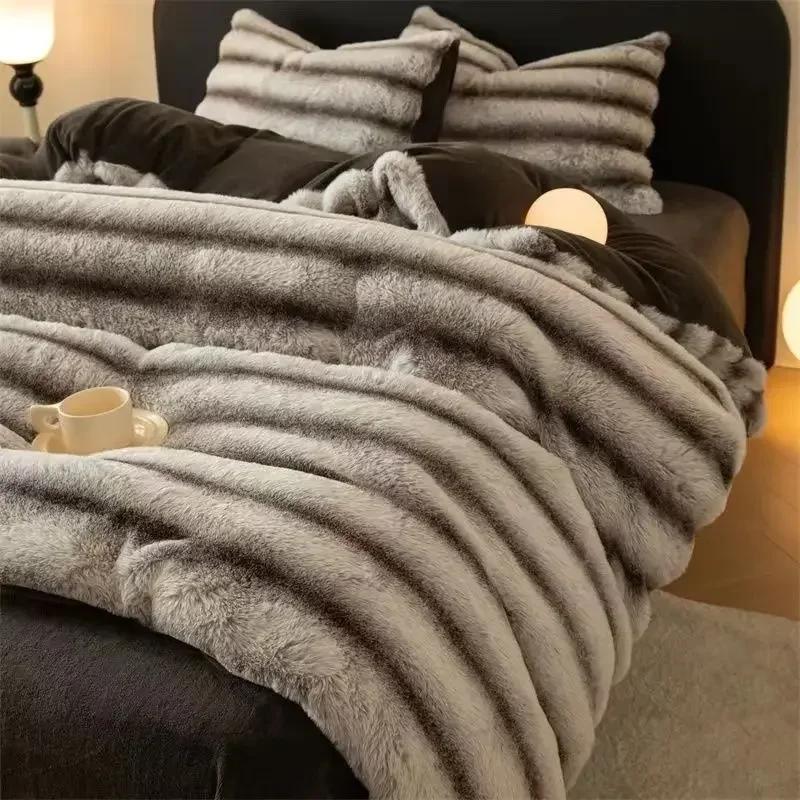 

Striped Gradient Bed Sheet Duvet Cover Set Milk Velvet Winter Four Piece Bed Set Three Piece Bedding Thickened Warm Rabbit Plush 1.2m 3pcs&set