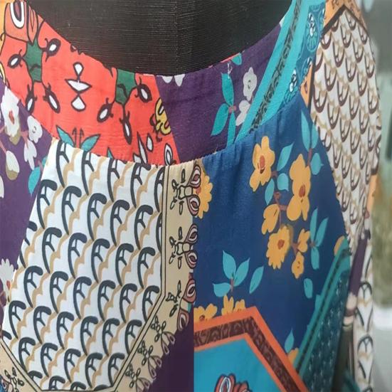 V-Neck Lantern Sleeve Pleated Maxi Dress Retro Ethnic Print Large Hem Beach Long