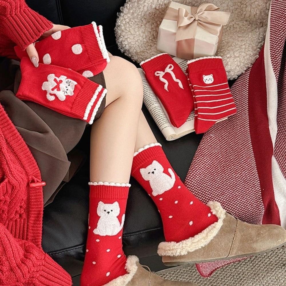5 Pairs Breathable Polka Dot Socks Combed Cotton Stripe Socks Kitten Red Socks  Spring Festival