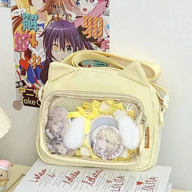 Market-4 Schattige Kattenoren Ita Schoudertas Tweekleurige Meisjes Transparante Mini Crossbody Tas Student DIY Display Anime Messenger Bags 21x16x6cm beige