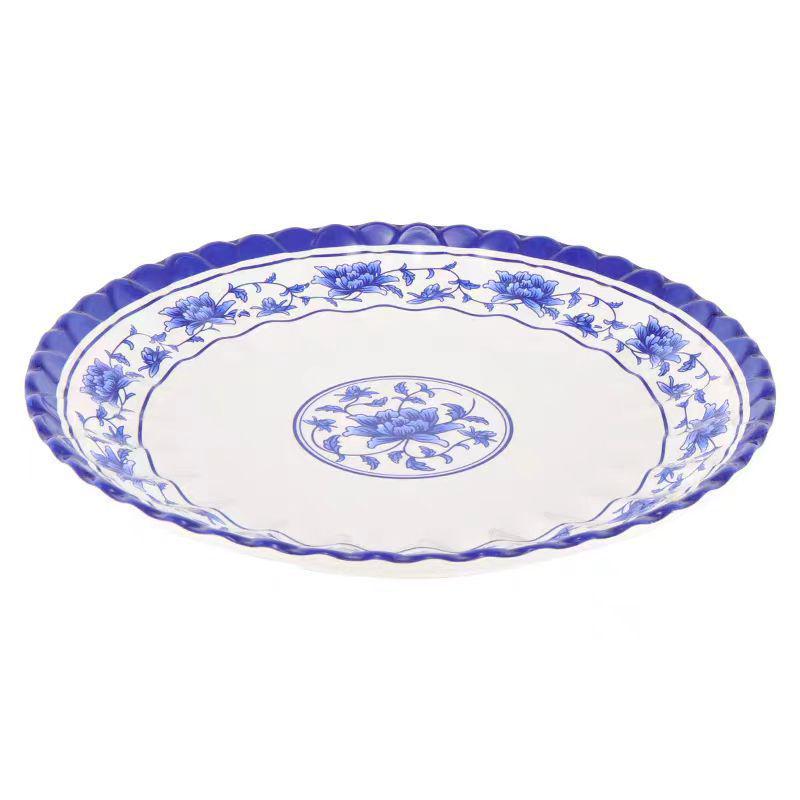 Plato redondo de melamina azul y blanca - Imitación de porcelana gruesa, ideal para salteados, arroz y uso en restaurantes.