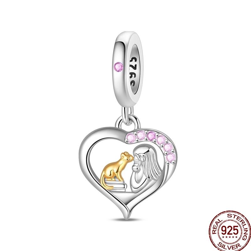 100%Stering Copper Cute Pet Charms Beads Dog Cat Moon Pendant Fit Original 3Mm Bracelet Diy For Women Jewelry