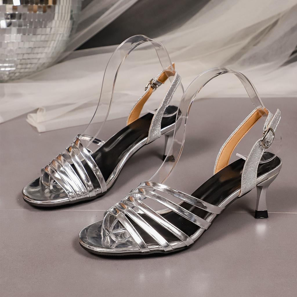 ins catwalk electroplated heel steel heel one-word buckle simple open-toed shoes sandals